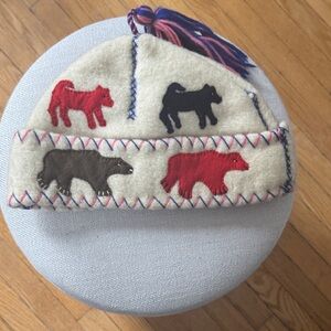 Cozy Hat with Bear Motif in Cream, Red, and Black